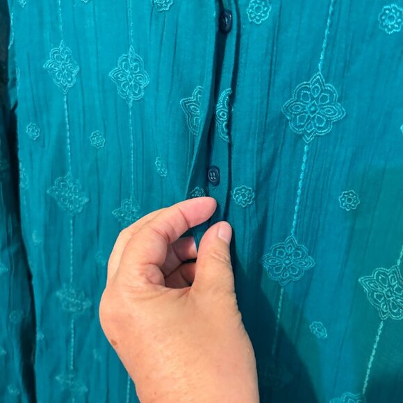 Chico's Cotton Blend Embroidered Teal Button Front Long Sleeve Tunic Top - Picture 4 of 10